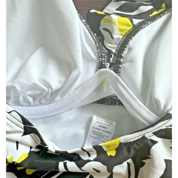 DKNY Women's Ruffle Neck One-Piece Swimsuit Fluorescent Yellow Black & White XL - Picture 10 of 10